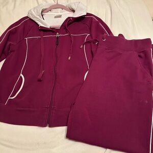Danskin Now Maroon Jacket Sz XL w/hood, zip closure. Pants Sz L, comfy.